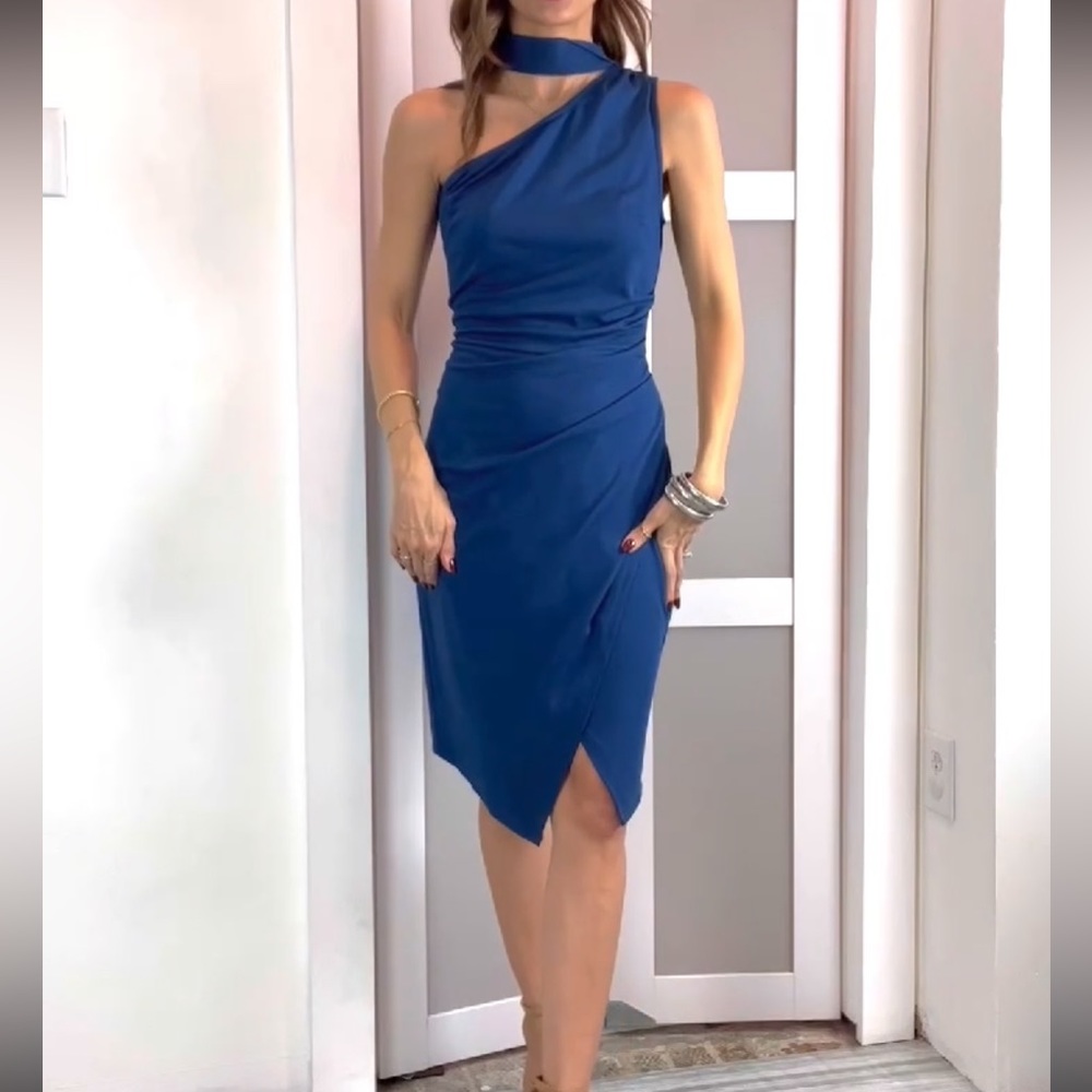 Blue one shoulder mock neck cocktail dress